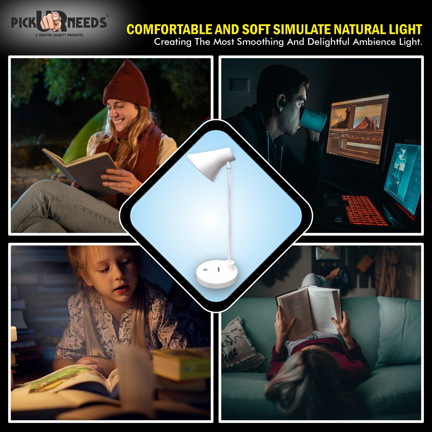 Pick Ur Needs Rechargeable Foldable Study Table/Desk Lamp with Warm Light Dimmable for Student